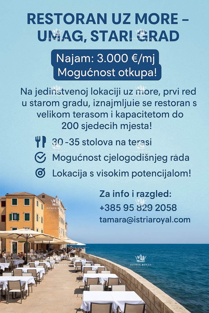 RISTORANTE + 5 CAMERE AL PIANO SUPERIORE – PRIMA FILA SUL MARE – UMAGO, CENTRO STORICO – 156 m² + POTENZIALE PER ALLOGGIO
